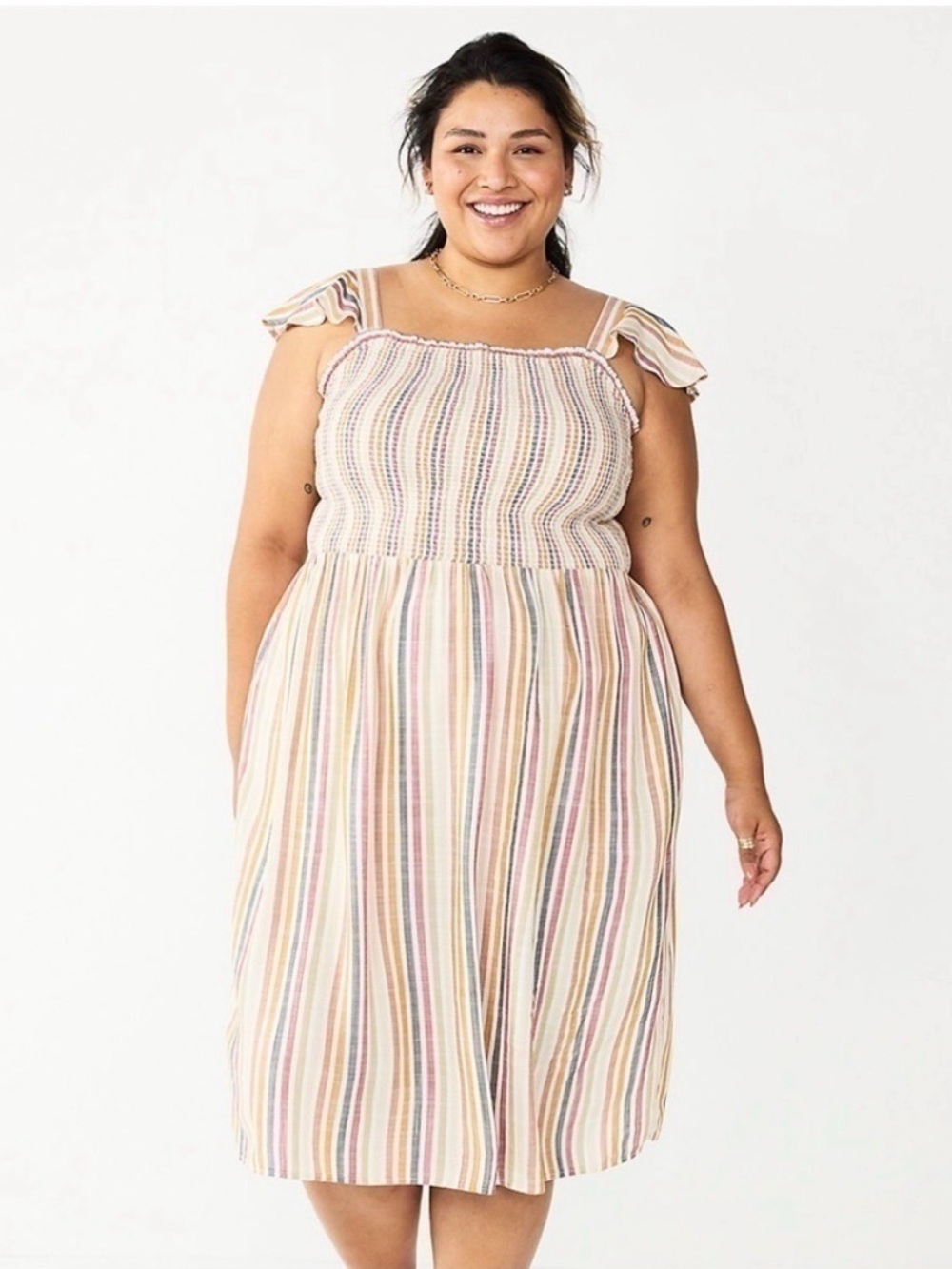 Sonoma Pastel Multi-Stripe Smocked Midi Dress